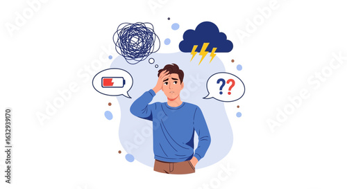 Vector art of man experiencing stress, anxiety, and confusion with low energy and stormy thoughts, symbolizing mental health challenges and burnout