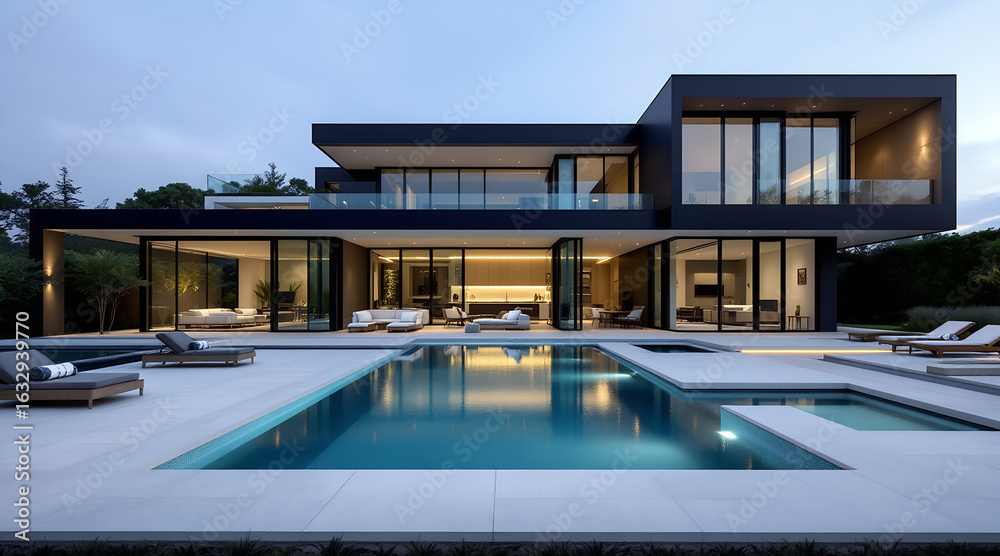 Obraz premium Modern luxury residence with infinity pool and outdoor living space at dusk