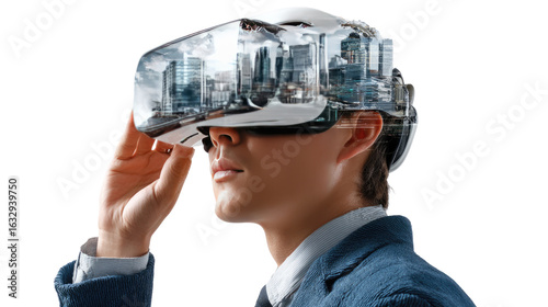 Virtual Visionary: An individual explores a cityscape within a virtual reality headset, showcasing the convergence of technology, innovation, and immersive experiences.
