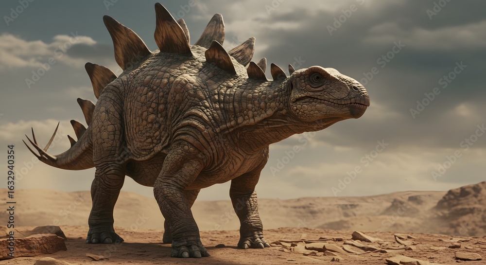 Fototapeta premium A detailed stegosaurus standing in a desert landscape under a cloudy sky in the daytime scenery outside