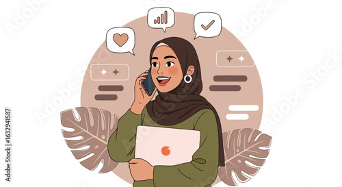 Vector art of young muslim woman in hijab talking on the phone while holding a laptop, with social media icons and charts in the background, isolated on white background