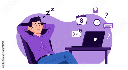 Vector art of man sleeping in chair at desk with laptop, overwhelmed by work tasks, emails, and notifications, symbolizing burnout and need for rest