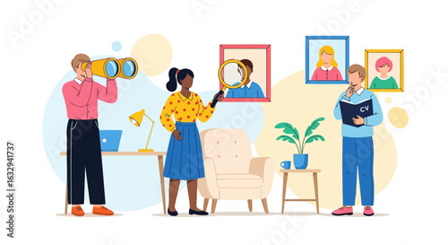 Vector art of recruitment team searching for new candidate for job opportunity, reviewing cv and profile with magnifying glass and binoculars
