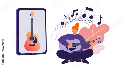 Vector art of woman learning to play guitar online via smartphone app with musical notes floating around her, isolated on white background