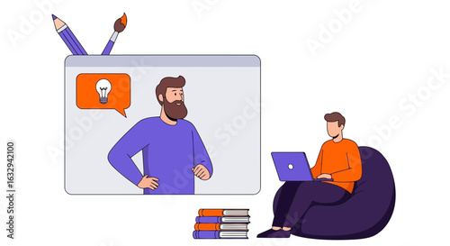 Vector art of man learning online from a video conference with a teacher, sitting in a beanbag chair with a laptop and books, isolated on white background