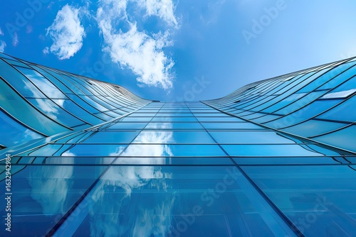 Modern Commercial Architecture of Glass and Metal Forum Skyscraper Reflecting the Blue Sky, Vilnius