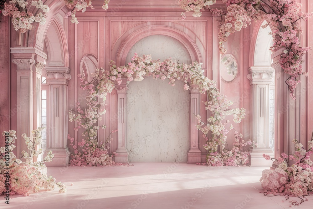 Obraz premium High Quality Image of Elegant Wedding Scene Pink Vintage Backdrop with Arched Doorways