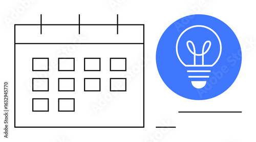Calendar with grid format next to blue lightbulb icon symbolizing innovative thinking and planning. Ideal for productivity, time management, brainstorming, creativity, business strategy, scheduling