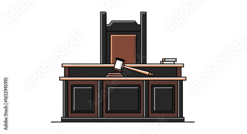 Cartoon illustration of a Judge's bench with a gavel conveying law, court, and judiciary authority concepts for legal professionals and justice