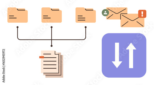 Connected folders store documents, emails with notifications, and data transfer arrows. Ideal for organization, workflow, file sharing, communication, data synchronization, mail notifications simple