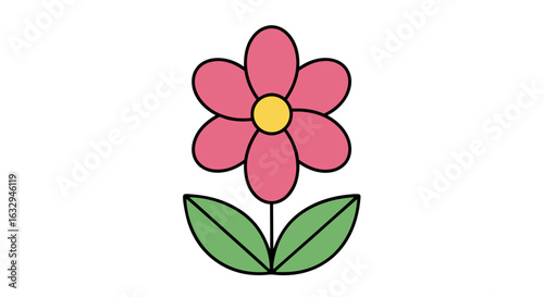 Whimsical bloom with delicate petals and verdant leaves, a lighthearted floral illustration