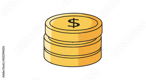 Isometric presentation of three stacked shiny dollar coins, illustration to financial wealth creation, and economic prosperity concept