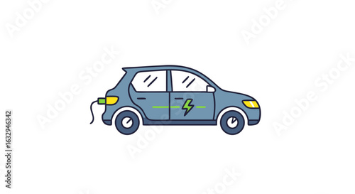 Stylized illustration showcasing an electric car, charging at a station, emphasizing sustainable transportation and eco friendly vehicle solutions