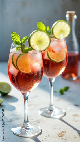 Wallpaper Mural Hugo spritz, red cocktail, lime garnish, mint leaves, summer refreshment, sparkling beverage, chilled drink, wine glass, citrus infusion, festive aperitif Torontodigital.ca