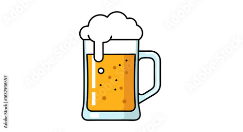Refreshing Beer Illustration: A Cartoon-Style Pint with Foamy Head and Bubbles on White Backdrop
