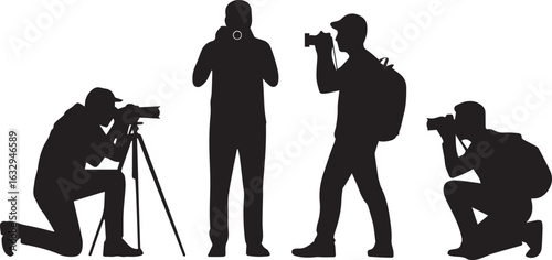 Photographers silhouettes taking photos with cameras and tripod vector illustration design art