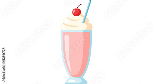 Delightful Strawberry Milkshake Illustration with Whipped Cream and Cherry Topping Design Element