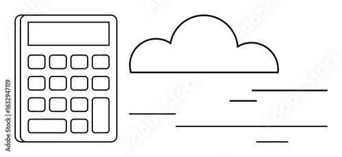 Calculator next to a cloud outline with dynamic motion lines. Ideal for finance, technology, cloud computing, data analysis, digital transformation, efficiency, simple flat metaphor