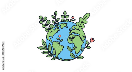 Blooming Earth: A symbolic representation of environmental harmony and flourishing ecosystems with plant life embracing the globe