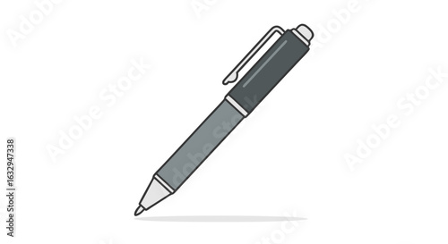 Isolated illustration of a gray pen with a clip, tool for creative writing and document notation, isolated on pure white background