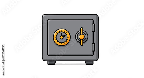 Cartoon illustration depicting a closed grey safe with combination lock securing assets for safekeeping