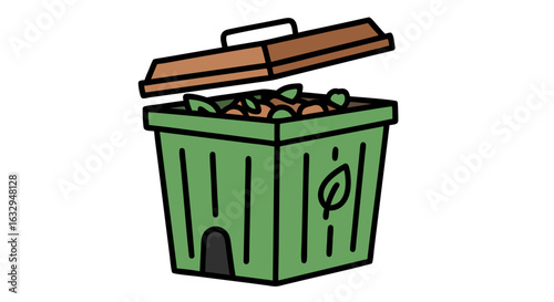 Illustrated green compost bin with food scraps and leaf symbol for sustainable waste management