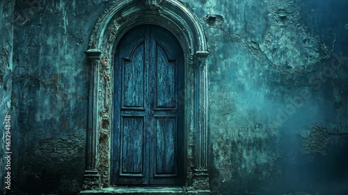 Weathered blue door in an abandoned building with mist and textured walls, evoking mystery