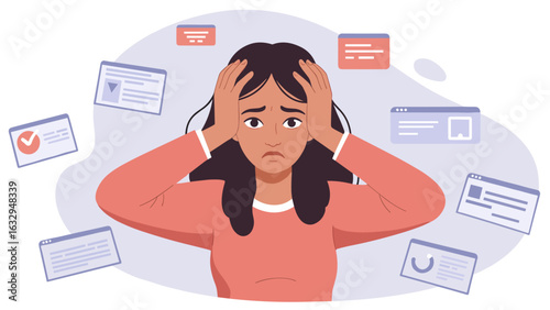 Stressed young woman grabbing her head with multiple browser windows floating around her