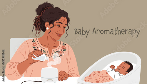 Latina Mature Mother Using Humidifier for her Baby