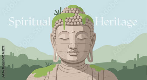 Spiritual heritage wordmark with an illustration of a Buddha statue in nature