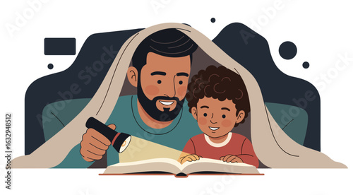 Hispanic father and son reading a book together under a blanket with a flashlight