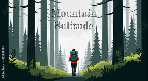 Solitary Hiker with a Backpack Walking in a Forest. Mountain Solitude