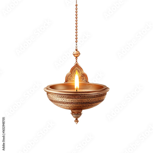 Elegantly crafted hanging oil lamp with glowing flame, traditional for festival decoration and religious rituals.