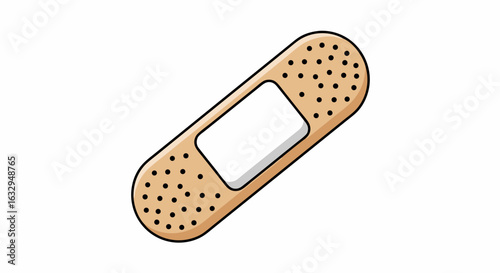 Isolated illustration of a single adhesive bandage on a white background suggesting first aid wound care and medical supplies needs
