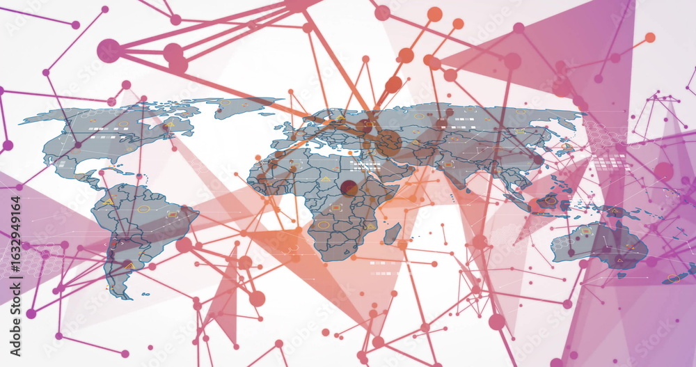 Naklejka premium World map displaying network links in digital scene, with network nodes and geometric overlays