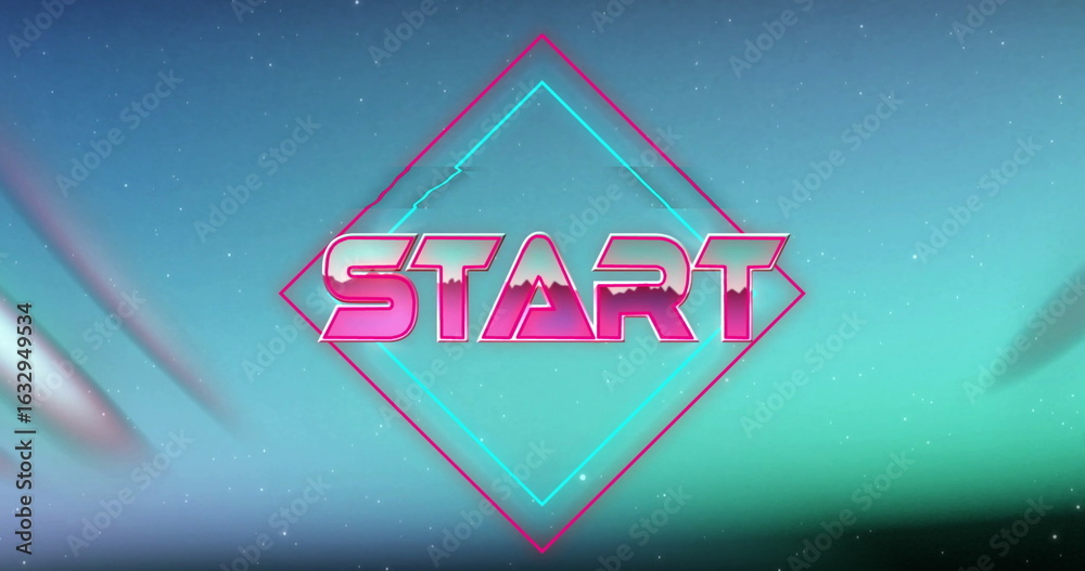 Fototapeta premium Glowing neon pink START letters pulsing in outer-space themed backdrop, with neon diamond outlines