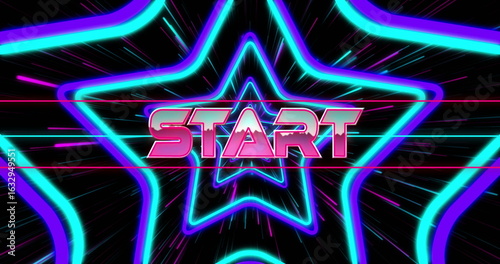 Pulsing neon star shapes radiating outward with neon lines in game screen, with START text glowing