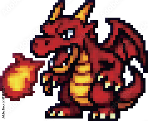 Dot art fire dragon that might appear in RPGs