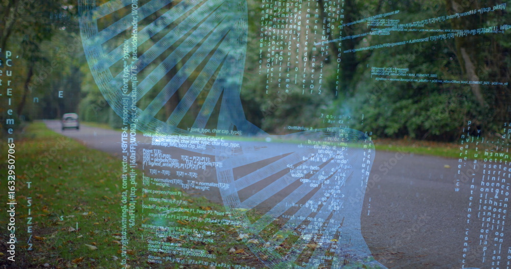 Fototapeta premium Floating translucent helix graphic merging code lines over rural forest road, with parked vehicle