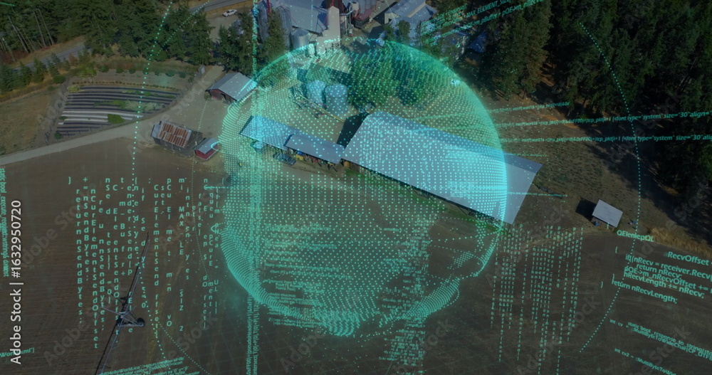Fototapeta premium Displaying digital wireframe sphere hovering over grassy field with barn and forest, code streams