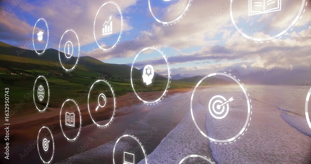 Obraz premium Floating cluster of digital icons moving over sunset beach, with business education symbols