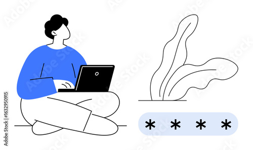 Person seated cross-legged using a laptop beside a password entry field and abstract plant. Ideal for digital security, technology, remote work, privacy, data protection, online authentication