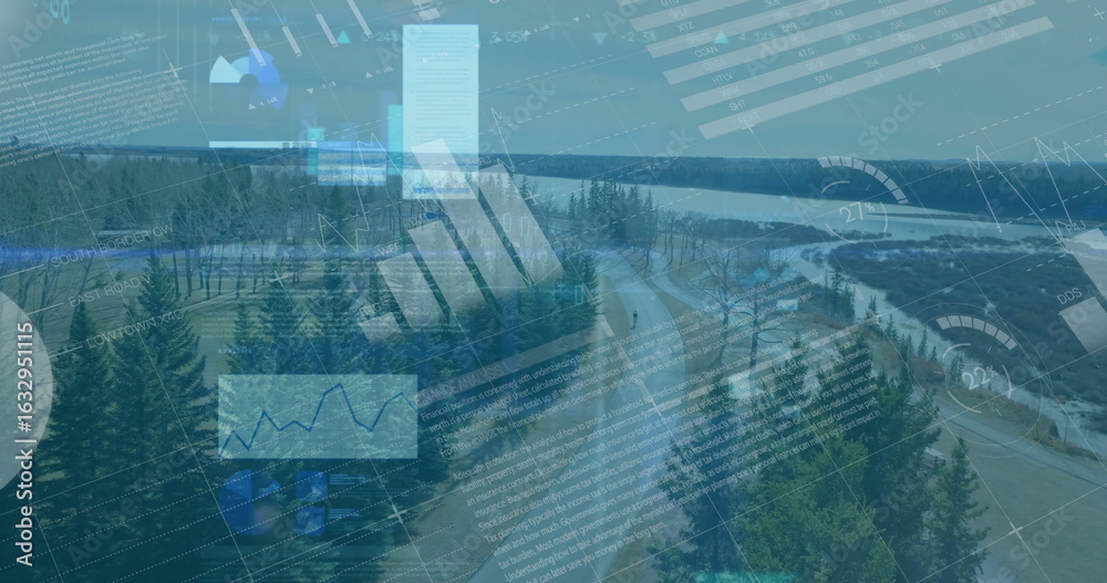 Fototapeta premium Displaying winding paved road cutting through dense conifer forest by lake, with data overlays