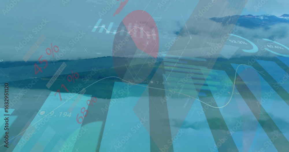 Naklejka premium Displaying translucent data overlay at coastal lake, bar, line, pie charts, % labels, grid lines