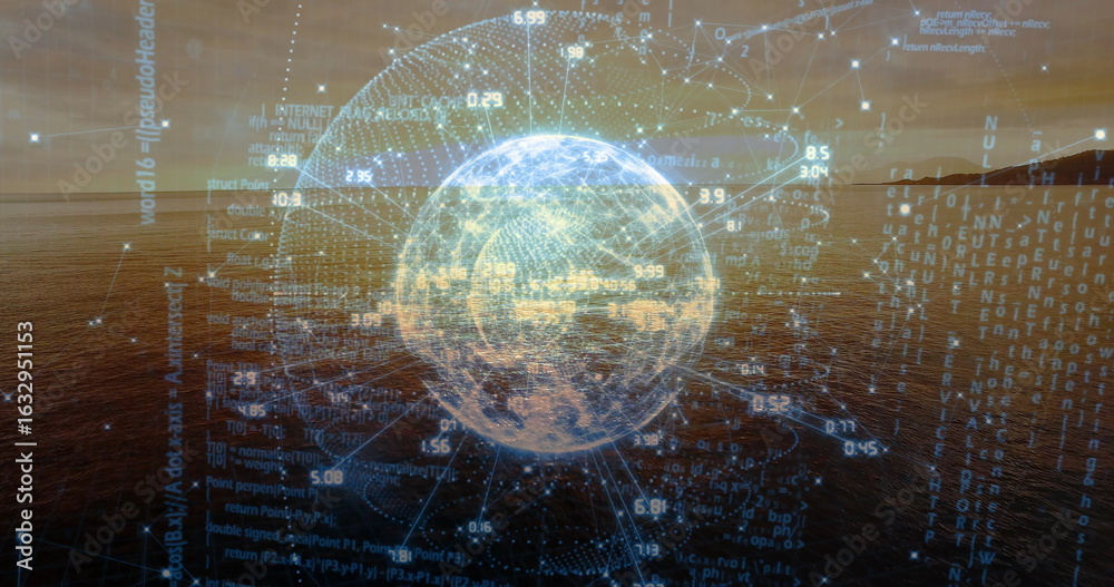 Obraz premium Floating Earth globe above sea at sunset showing numeric data labels, code streams, orbital paths