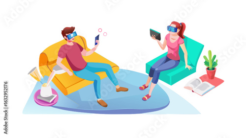 Virtual reality vr headset experience gaming metaverse technology people relaxing at home illustration