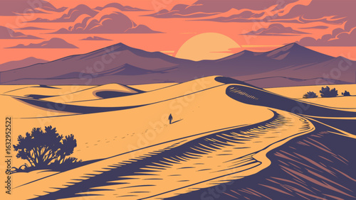 Desert landscape illustration with sand dunes mountains and sunset for travel and adventure designs