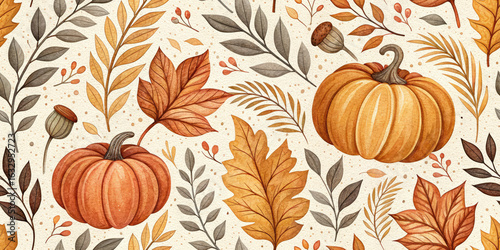 Vibrant watercolor pattern featuring pumpkins, autumn leaves, acorns, and berries for seasonal designs