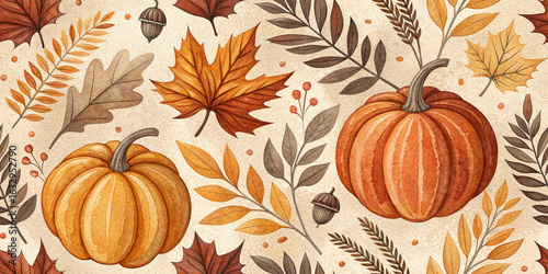 Cozy autumn watercolor pattern featuring pumpkins, maple, and oak leaves, perfect for seasonal decor