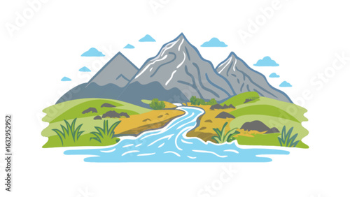 Mountain landscape with river flowing through green hills and cloudy sky scenic nature outdoor adventure art